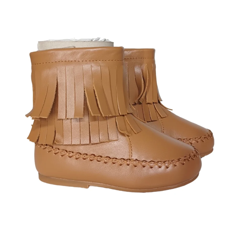 NEW SADO Cognac Brown Genuine Leather Moccasin Fringe Girl's Boots 8